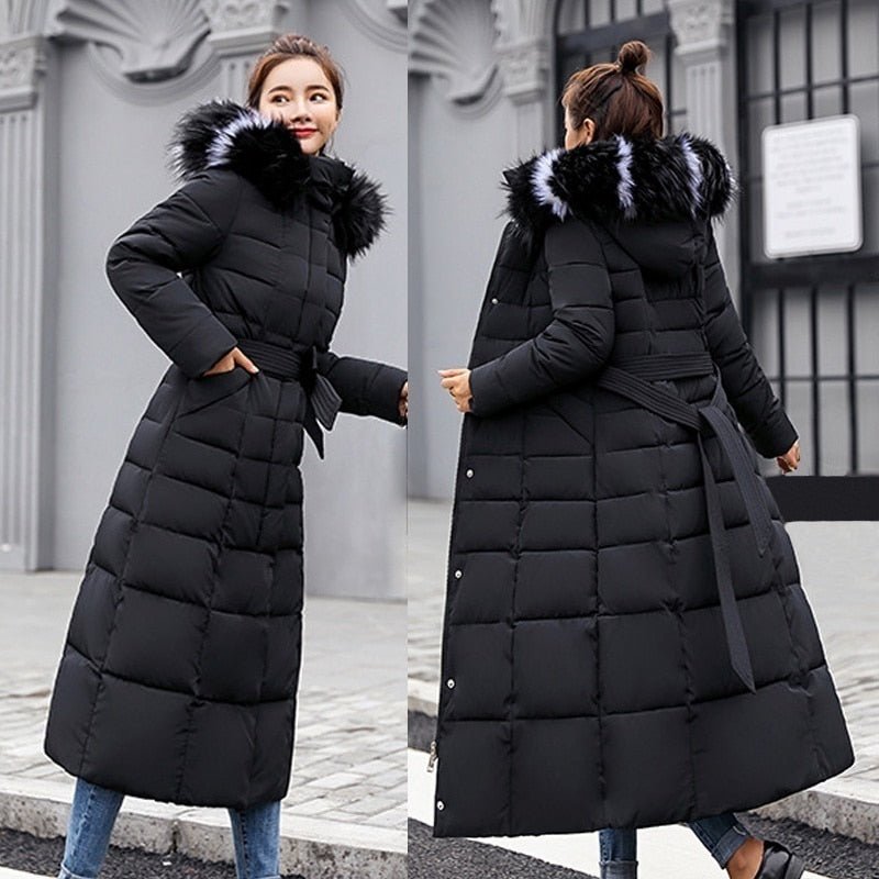 Women's Long Puffer Coat | Fur-Trimmed Hood & Belted Waist | Quilted Insulation | Comfortable Winter Wear