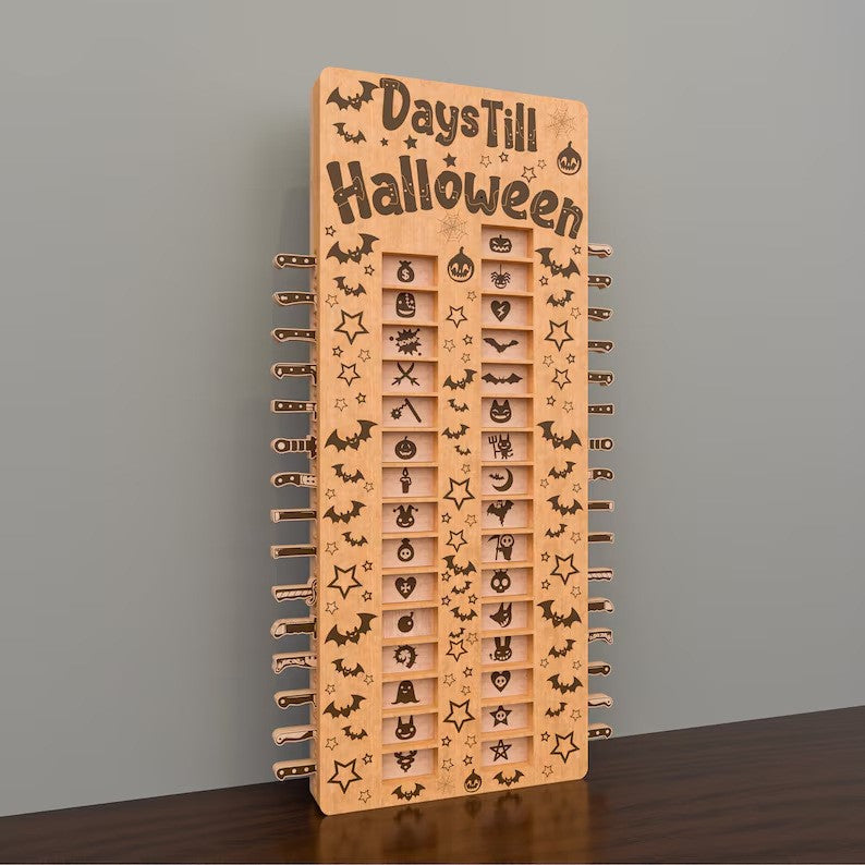 Halloween Countdown Wooden Advent Calendar with 31 Sliding Knives
