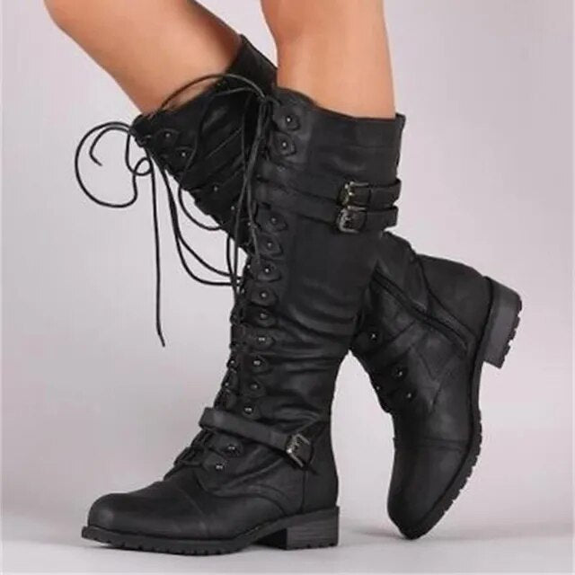 Knee-High Lace-Up Boots | Steampunk Retro Buckle Design | Non-Slip Rubber Sole | Warm and Comfortable Fit