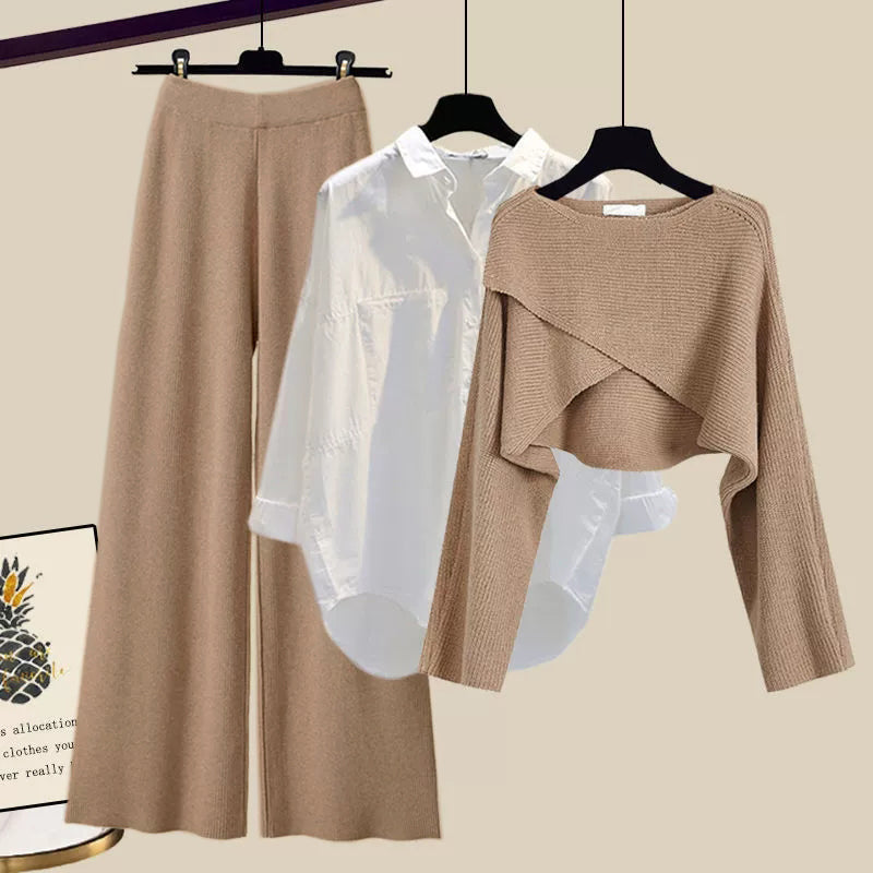 Women’s Three-Piece Comfort Set | Asymmetrical Knit & Wide-Leg Trousers | Soft Stretch Fabric | Versatile Styling