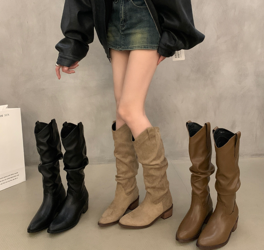 Women’s Knee-High Boots | Vintage Suede with Ruffle Details | Block Heel & Almond Toe | Comfortable Fit