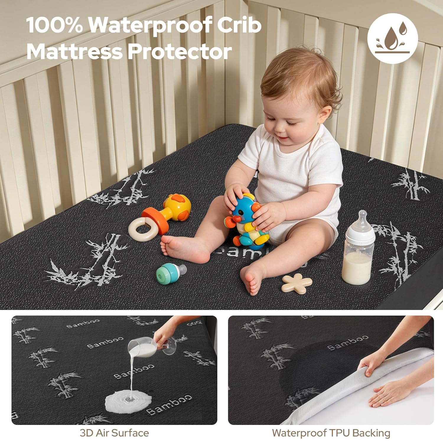 Waterproof Crib Mattress Protector in Soft Gray Fabric – Noiseless & Washable