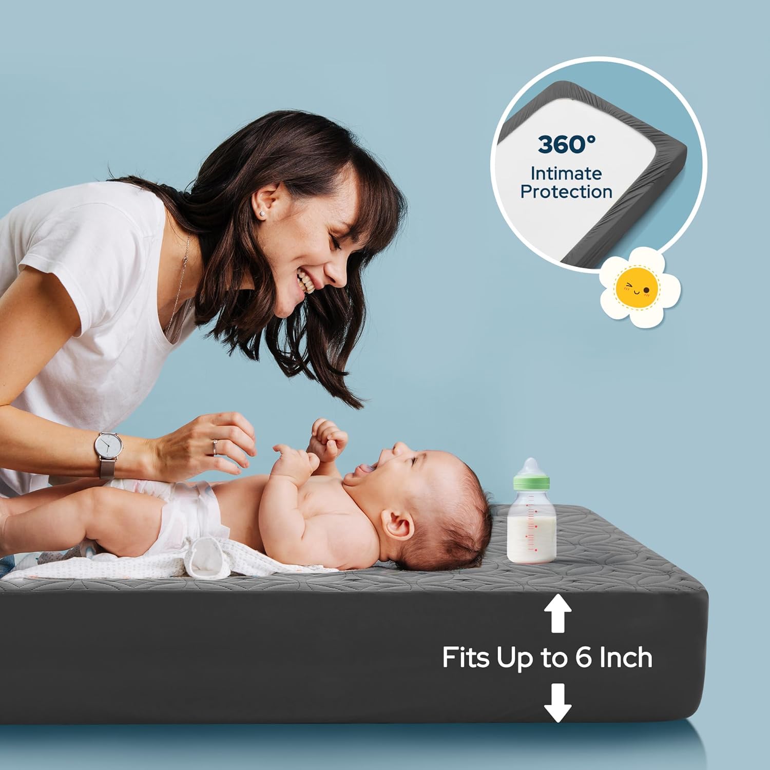 Waterproof Crib Mattress Protector in Soft Gray Fabric – Noiseless & Washable