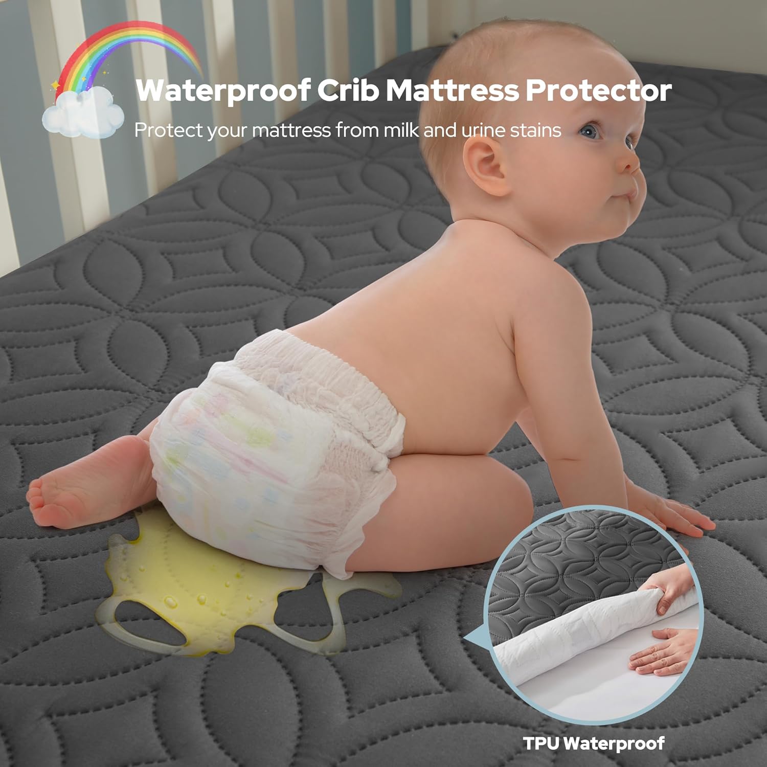 Waterproof Crib Mattress Protector in Soft Gray Fabric – Noiseless & Washable