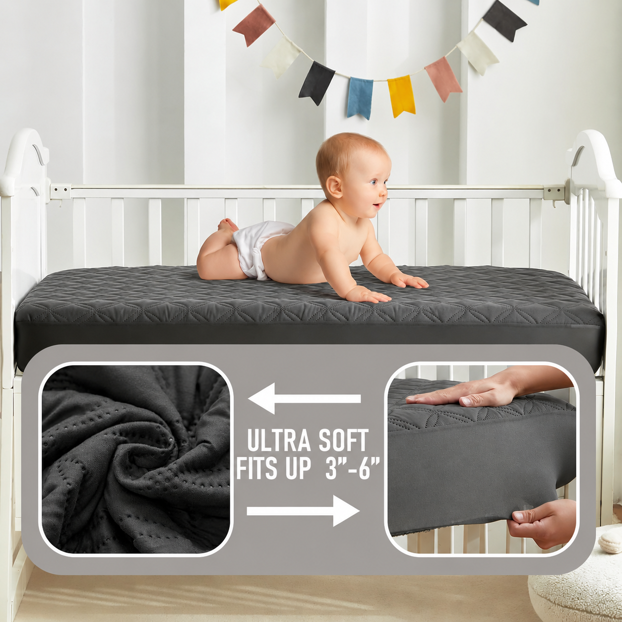 Waterproof Crib Mattress Protector in Soft Gray Fabric – Noiseless & Washable