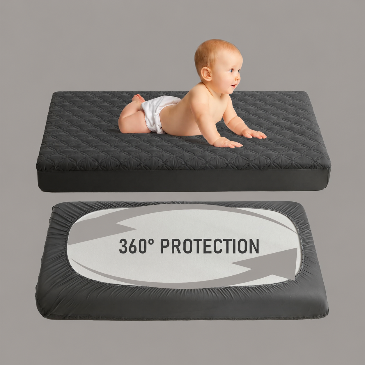 Waterproof Crib Mattress Protector in Soft Gray Fabric – Noiseless & Washable
