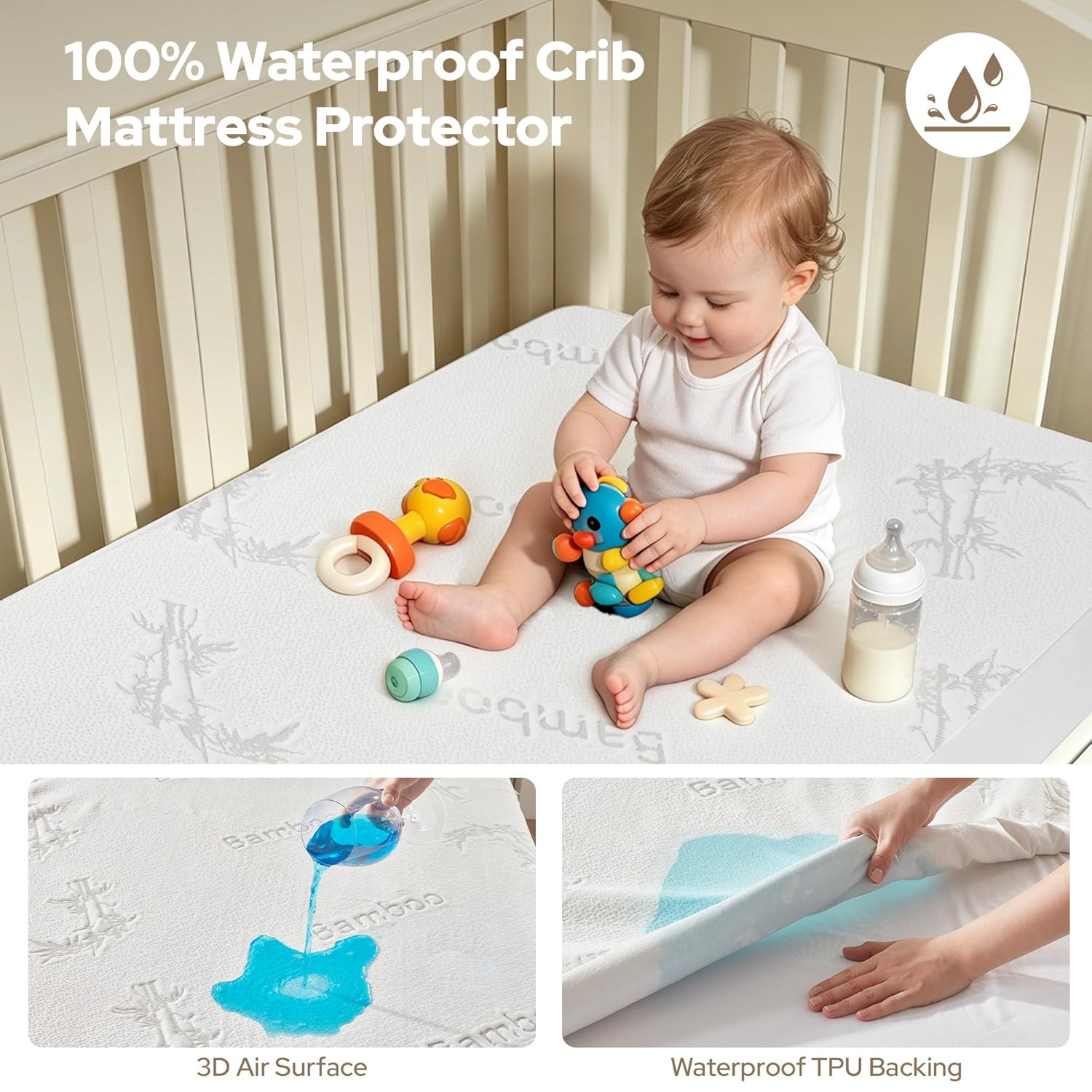 Waterproof Crib Mattress Protector in Soft Gray Fabric – Noiseless & Washable