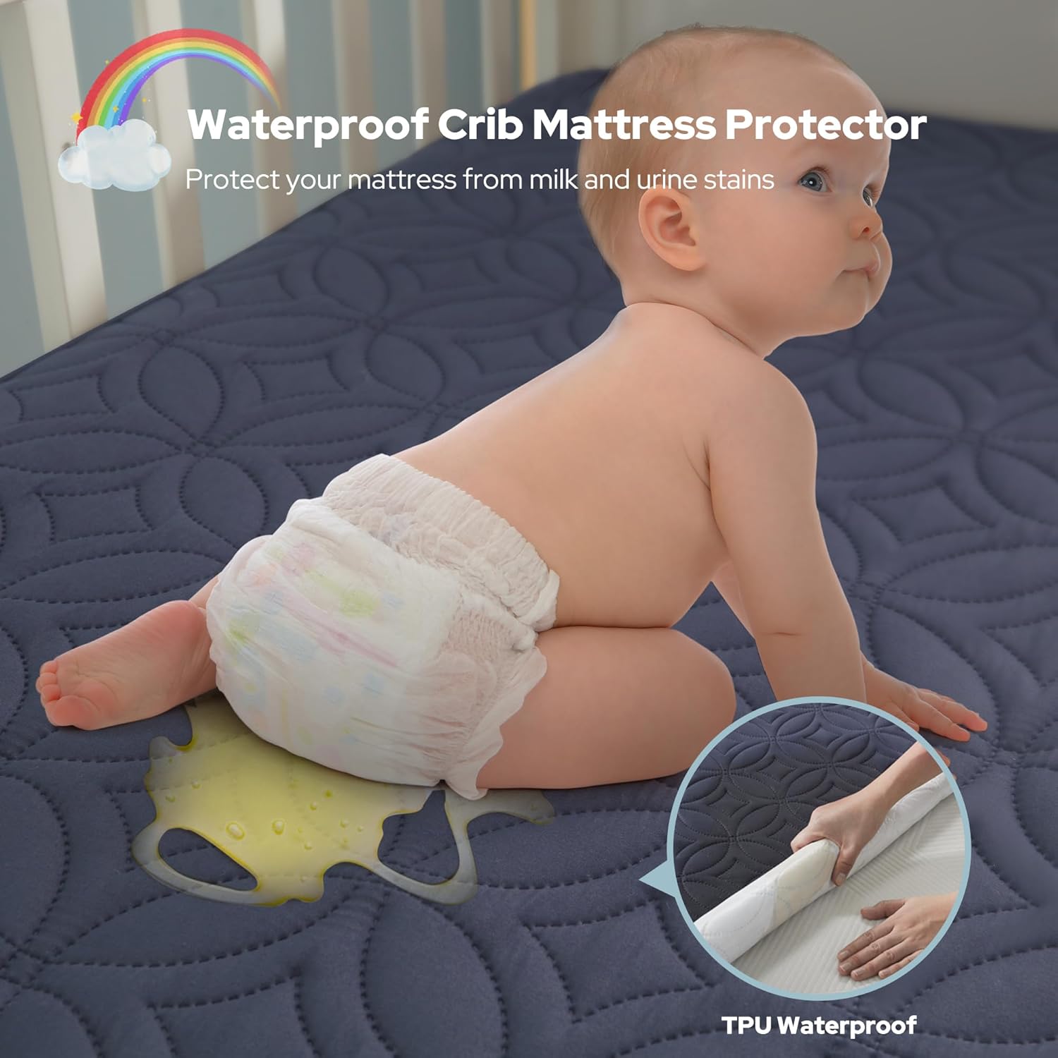 Waterproof Crib Mattress Protector in Soft Gray Fabric – Noiseless & Washable
