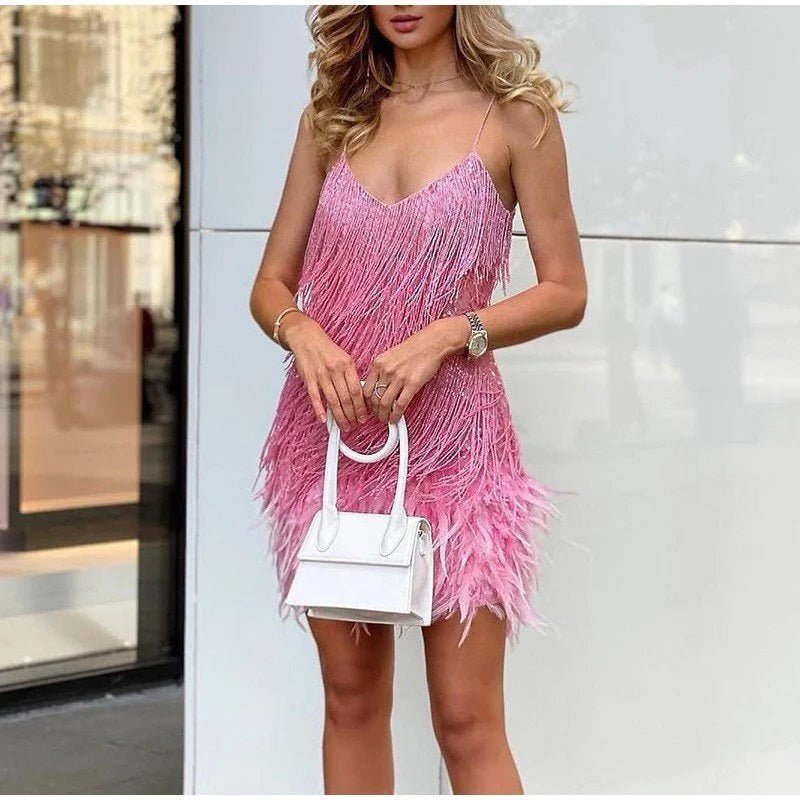 Women’s Cocktail Dress | Sequin Fringe & Feathered Hem | Fitted Slip Silhouette | Elegant Party Wear