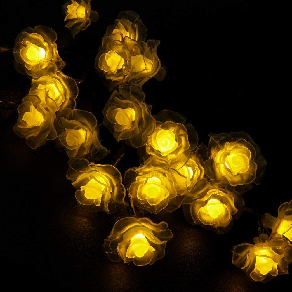 Warm White LED Rose String Lights - Battery Operated Flower Fairy Lights, 5-20ft, 10-40 LED Heads, White Foam or Frosted Roses, Romantic Indoor Decor