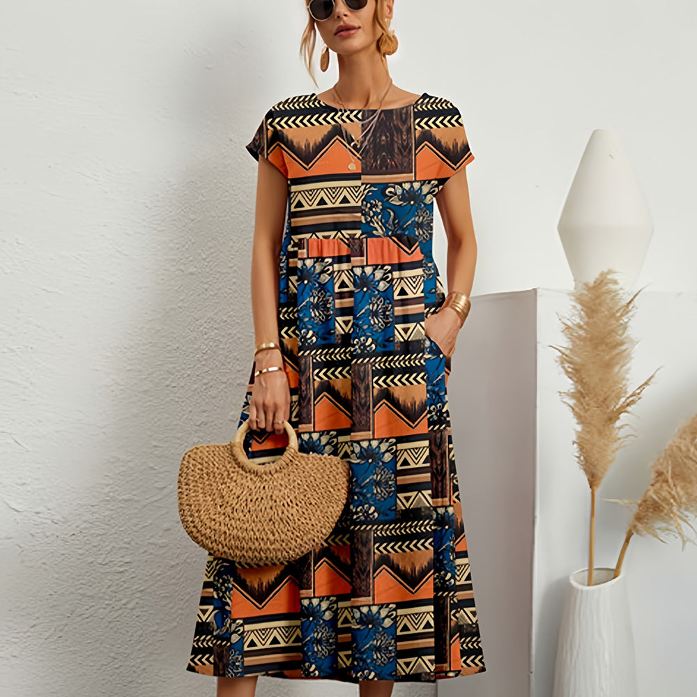 Women's Short-Sleeve A-Line Midi Dress | Linen-Cotton Blend & Pockets | Breathable Comfort