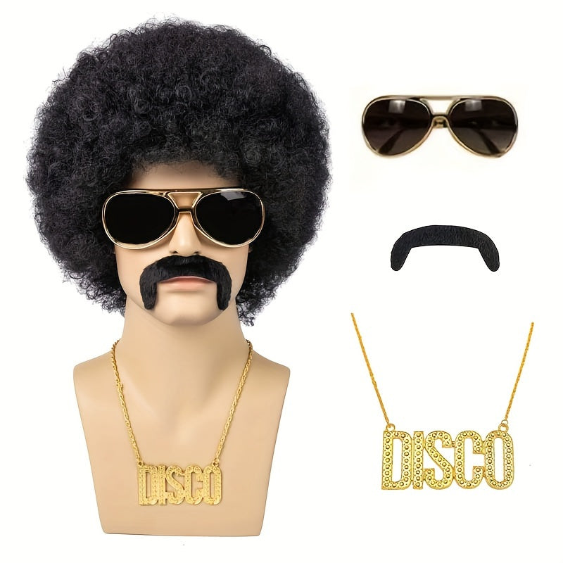 Short Curly Afro Wig Costume with Disco Accessories for Halloween Parties