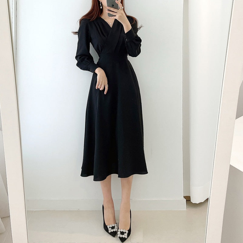 Women’s V-Neck Long-Sleeve Dress | Polyester Stretch Fabric | Midi to Maxi Length | Comfortable Fit