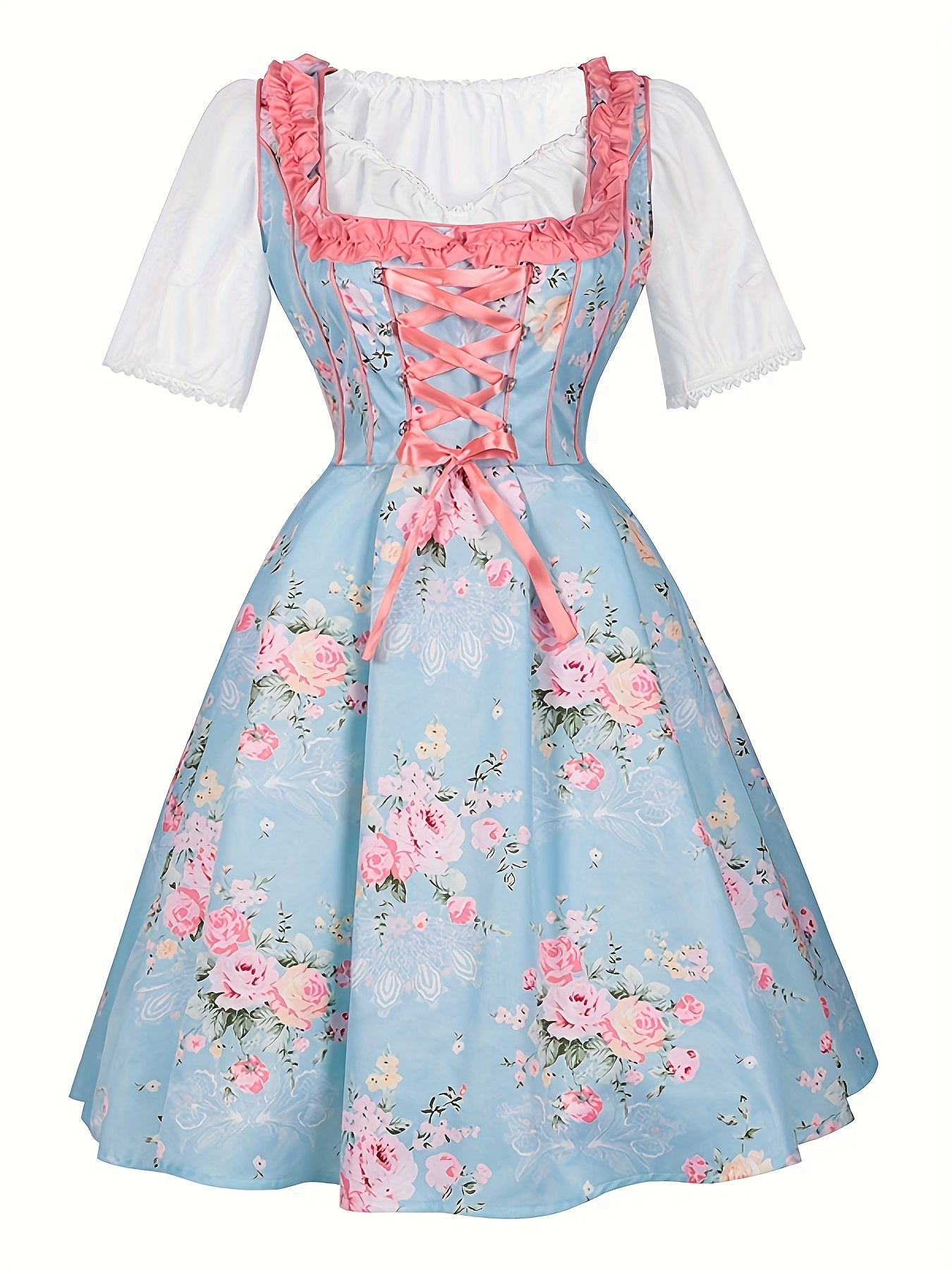 Women's Oktoberfest Dirndl Dress Floral Print with Satin Apron