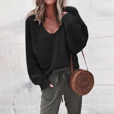 Women's Loose V-Neck Knit Pullover Sweater | Polyester Fabric | Comfortable Fit