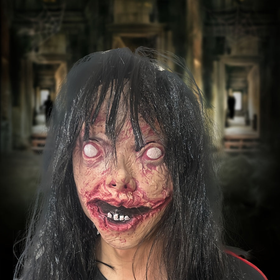 Spooky Halloween Latex Mask with Black Hair & White Eyes