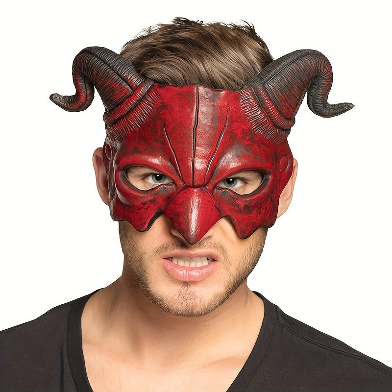 Red Demon Half Face Halloween Mask with Horns, Latex Costume Accessory