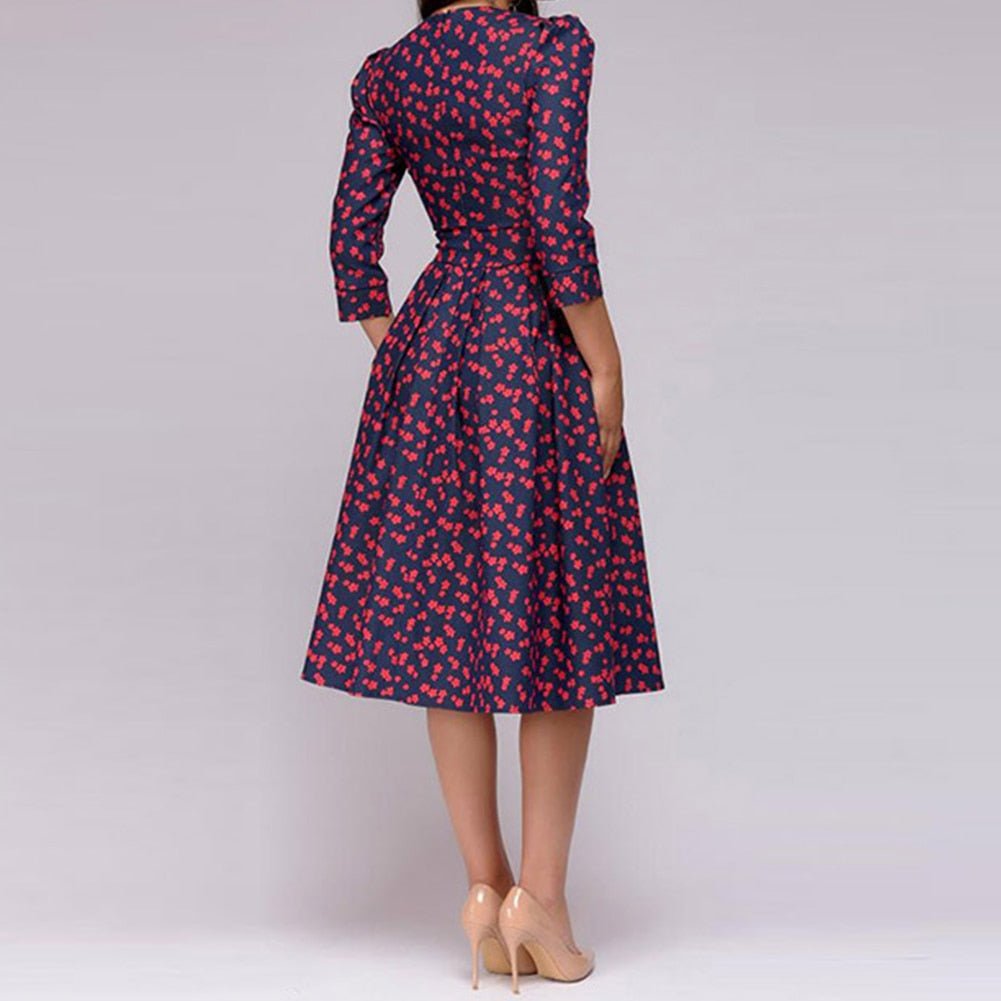 Women's Midi Dress | Retro-Inspired Puffy 3/4 Sleeves | Figure-Hugging Slim Waist | Versatile Occasion Wear