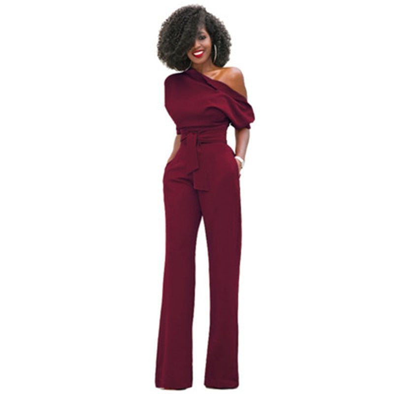 Women’s One-Shoulder Belted Wide-Leg Jumpsuit | Acrylic Fabric | Waist Tie Belt | Comfortable Fit