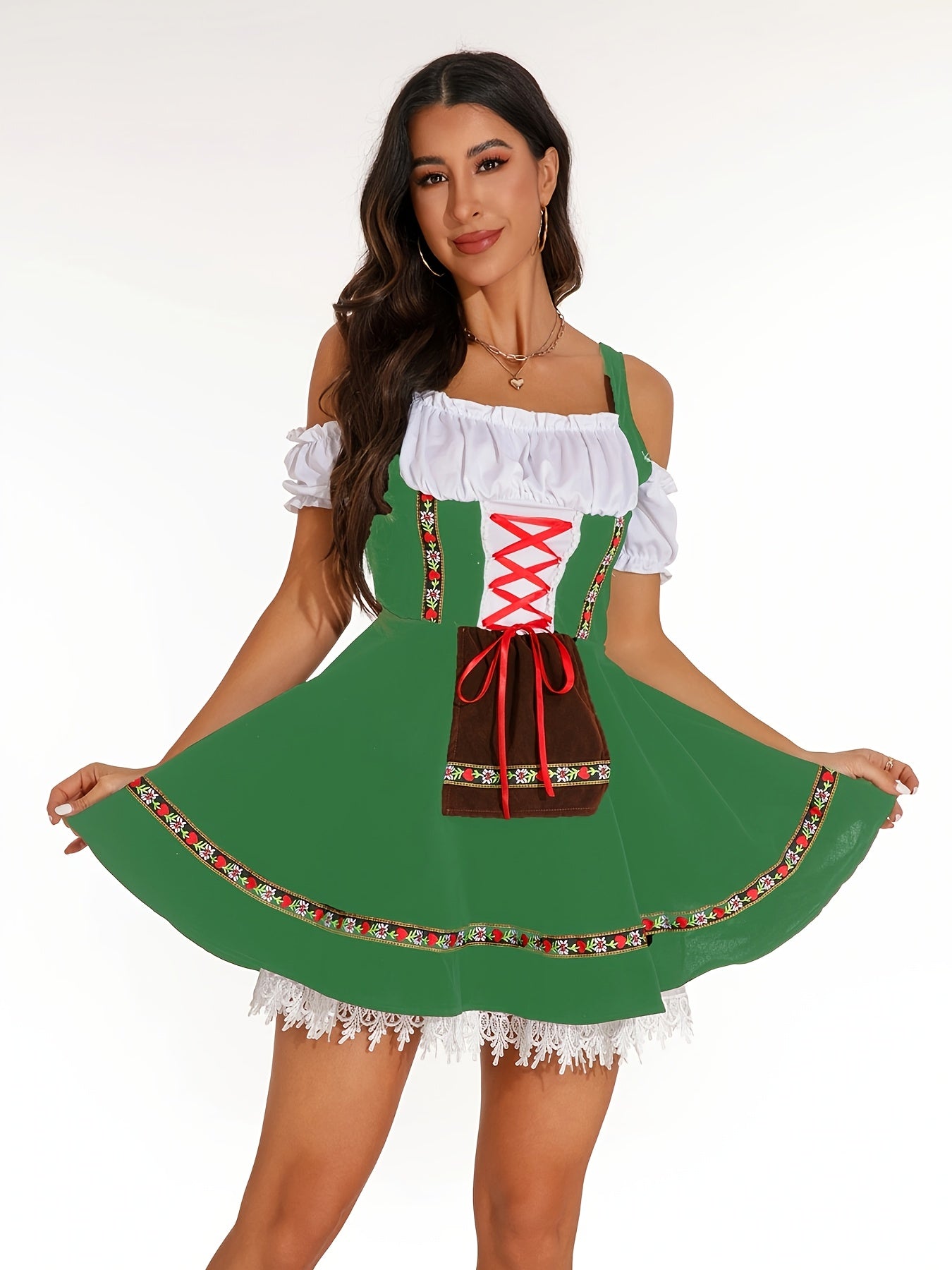 Women's Bavarian Dirndl Dress with Lace Trim for Oktoberfest Celebrations