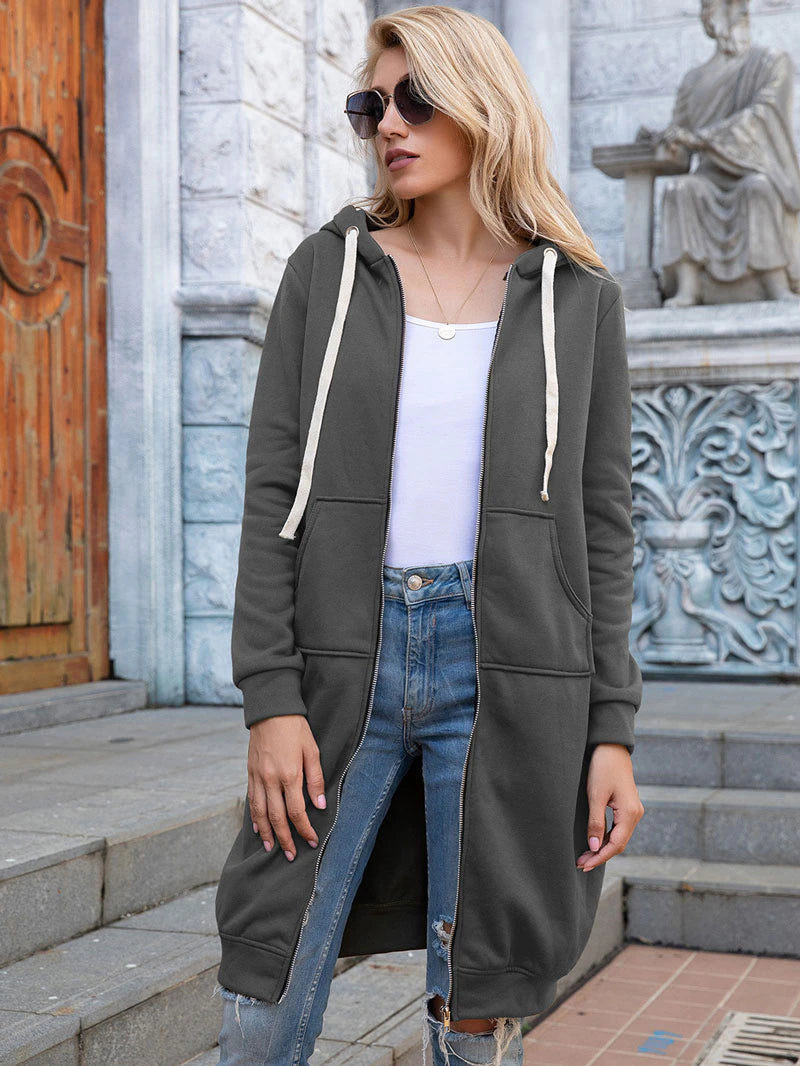 Longline Hooded Sweatshirt Coat | Zipper & Pockets | Polyester Fabric | Winter Warmth