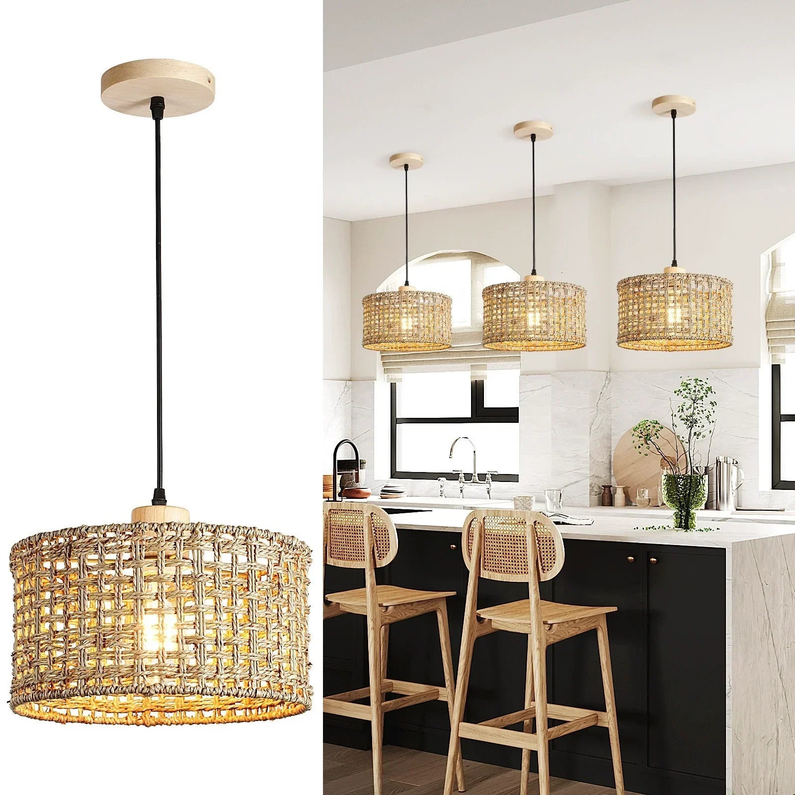 Elara — Handwoven Natural Rattan Pendant Light with Warm Glow