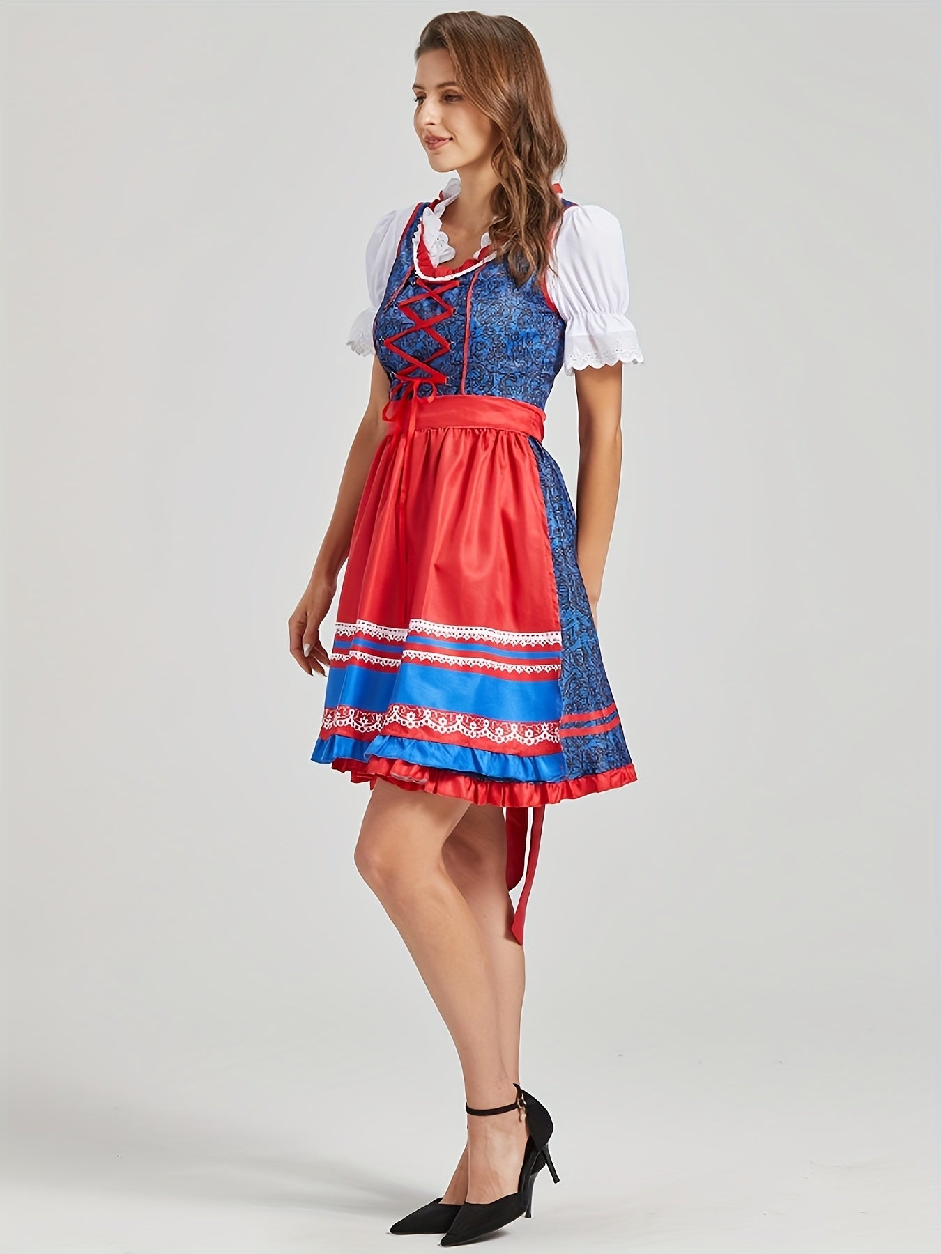 Women's Bavarian Oktoberfest Dress with Lace Blouse and Red Apron