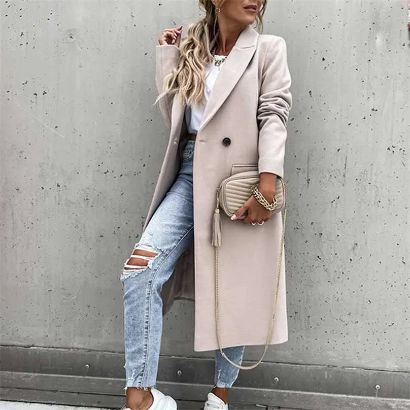 Women’s Long Double-Breasted Overcoat | Warm Polyester Fabric | Classic Lapels & Flap Pockets | Below Knee Length