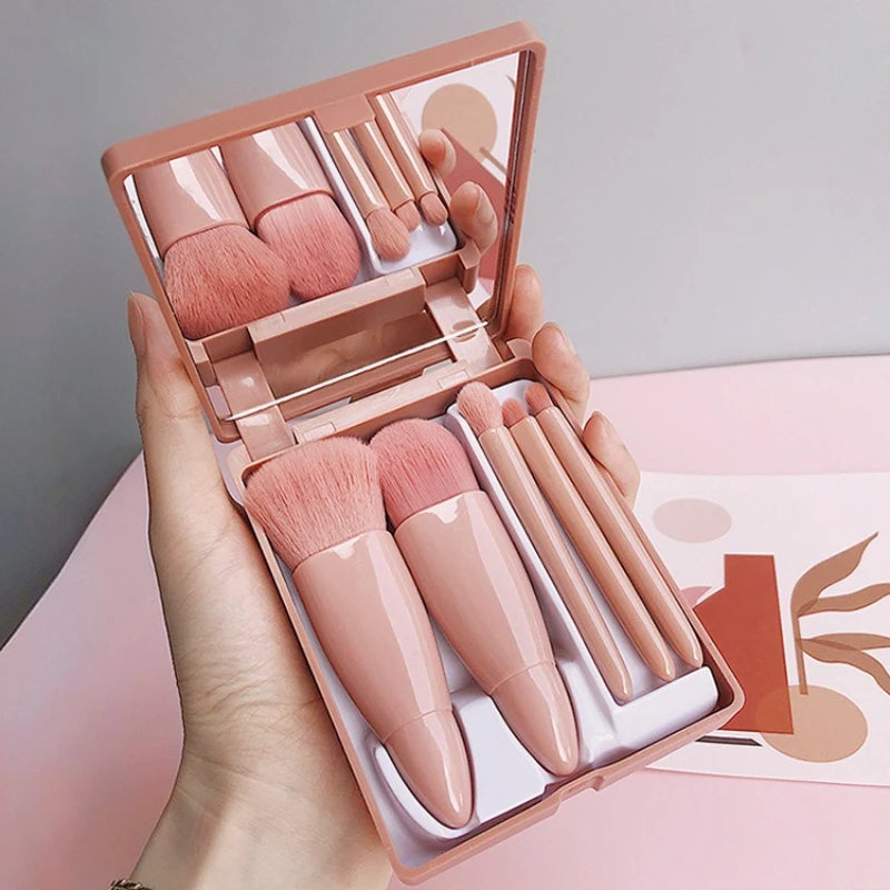 Compact Cosmetic Brush Collection with Integrated Mirror