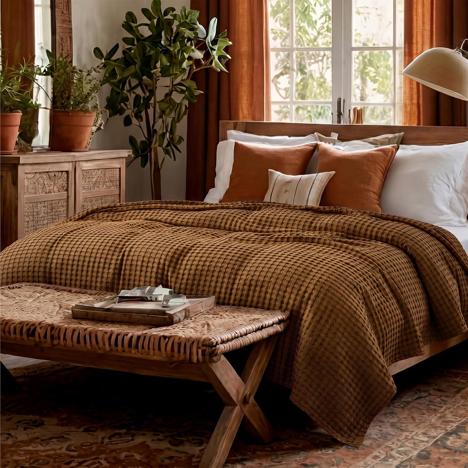 Lightweight Cotton and Bamboo Cooling Waffle Blanket - Queen Size Summer Throw
