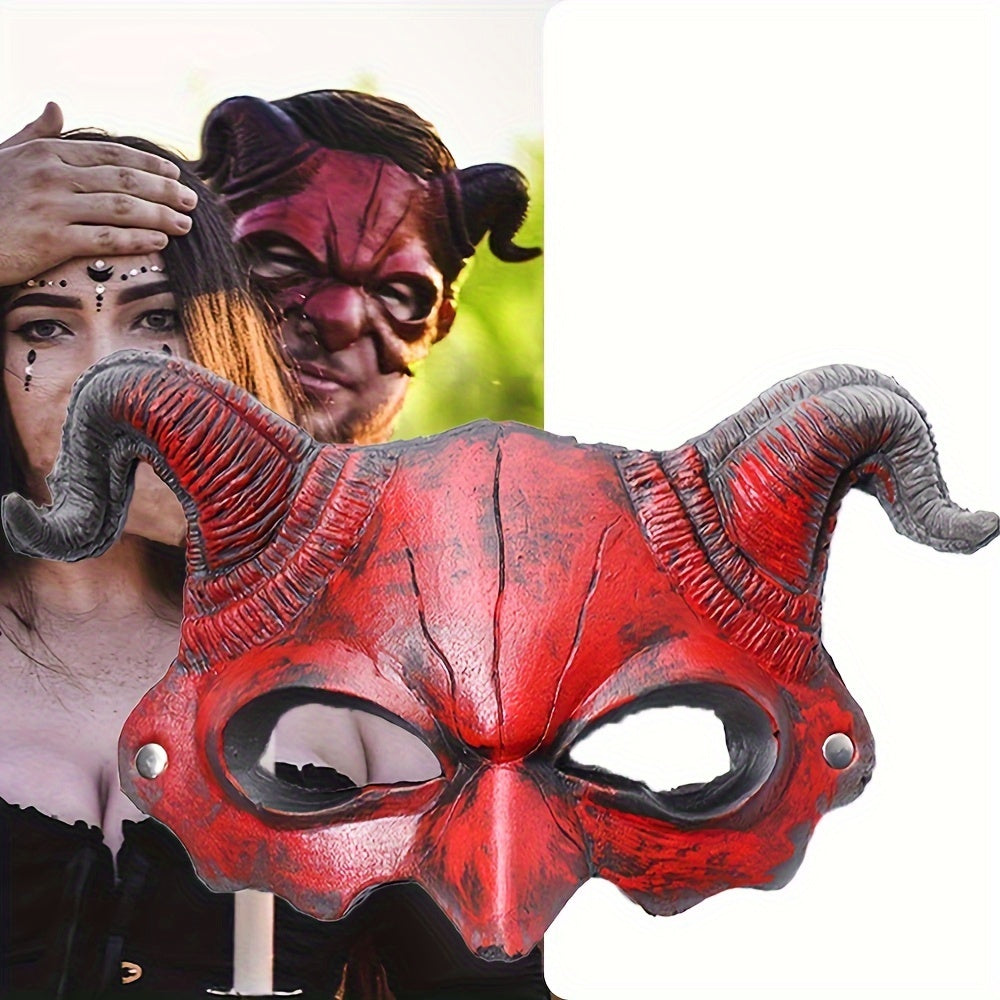 Red Demon Half Face Halloween Mask with Horns, Latex Costume Accessory