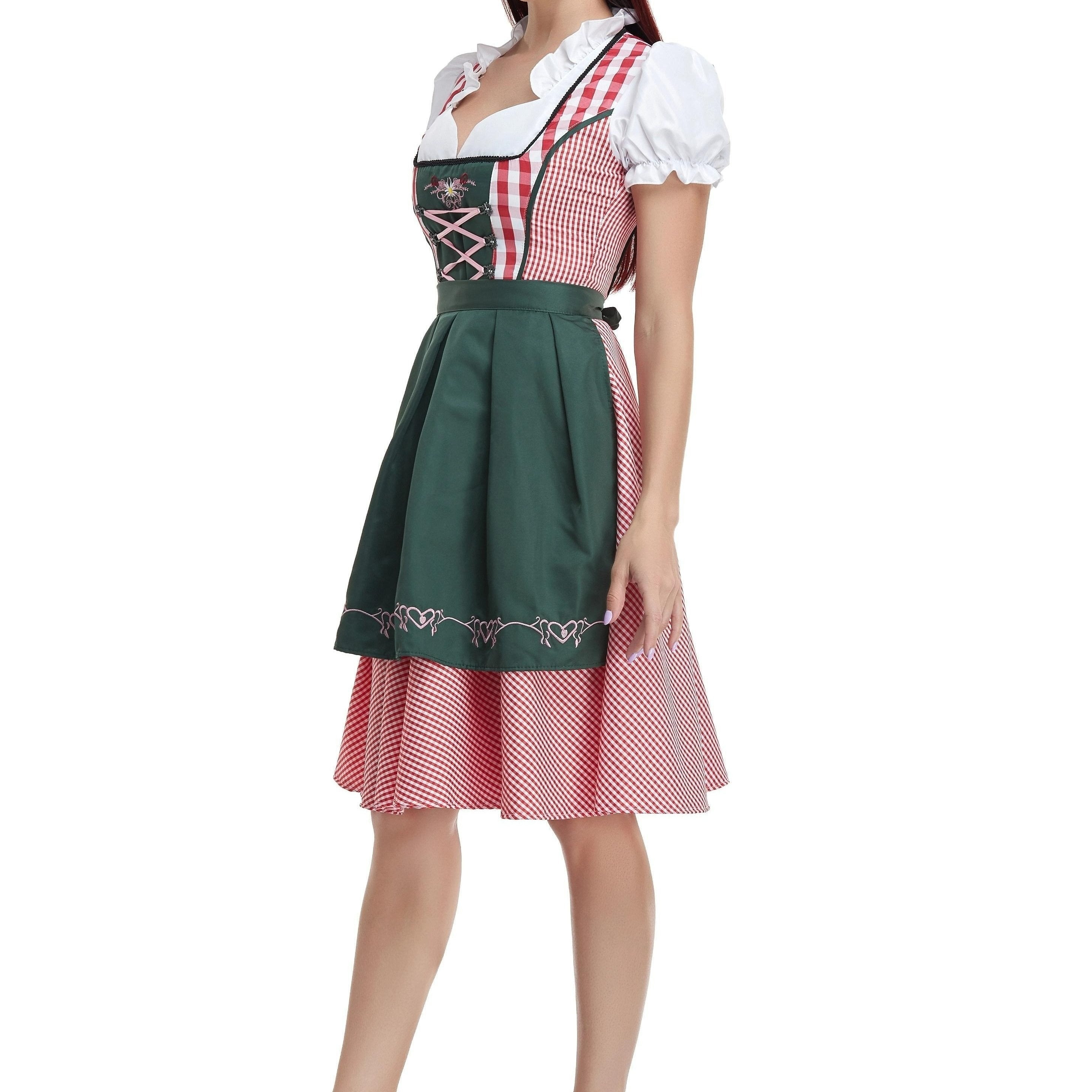 Women's Oktoberfest Plaid Gingham Dress with Lace-Up Back and Apron