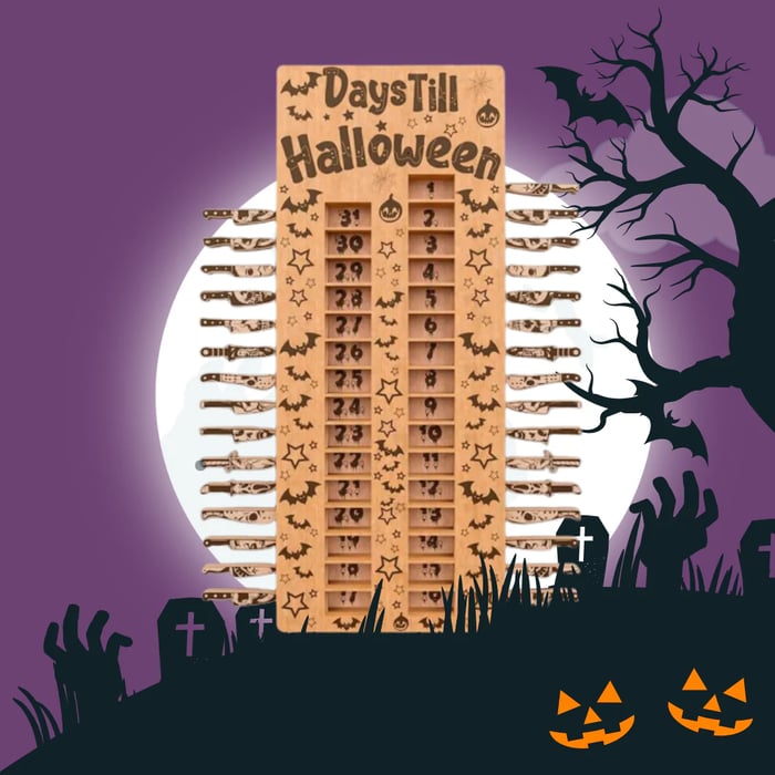 Halloween Countdown Wooden Advent Calendar with 31 Sliding Knives