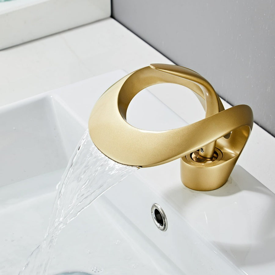 Bathroom Faucet | Waterfall Spout & Curved Loop Design | Solid Brass & Brushed Gold Finish | Easy Single-Handle Control