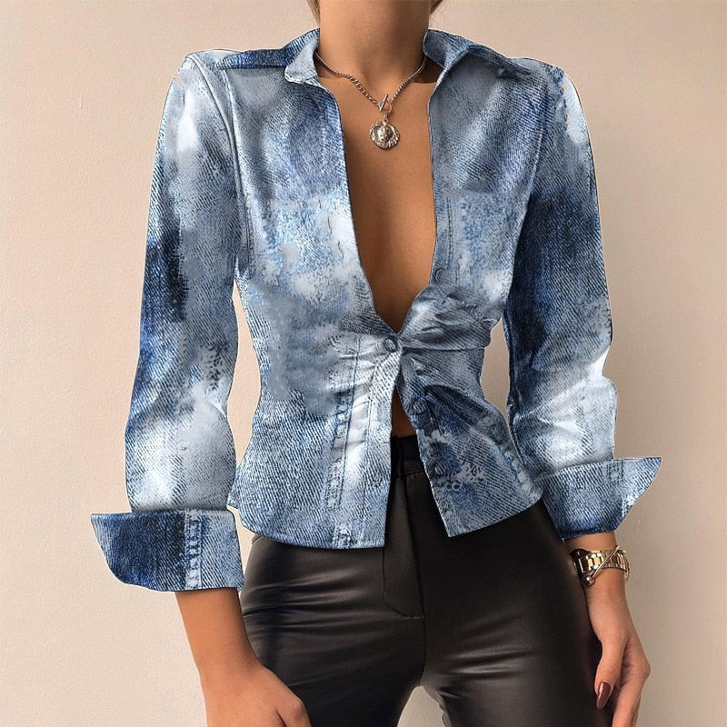 Women’s Blouse | V-Neck PU Leather & Printed Styles | Long Sleeve & Tie-Front | Comfortable Fit