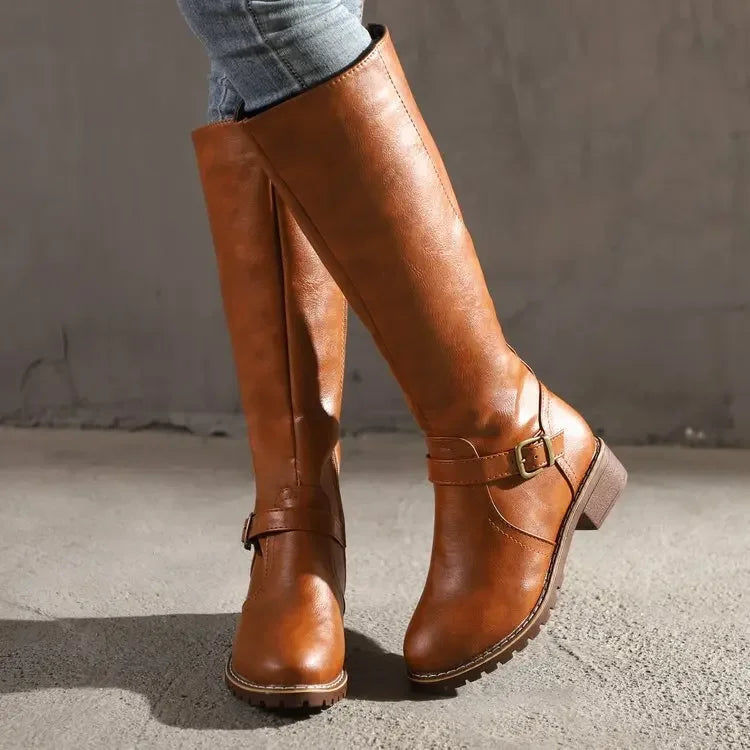 Women’s Knee-High Leather Boots | Adjustable Strap & Zipper Closure | Non-Slip Sole | Comfortable Fit