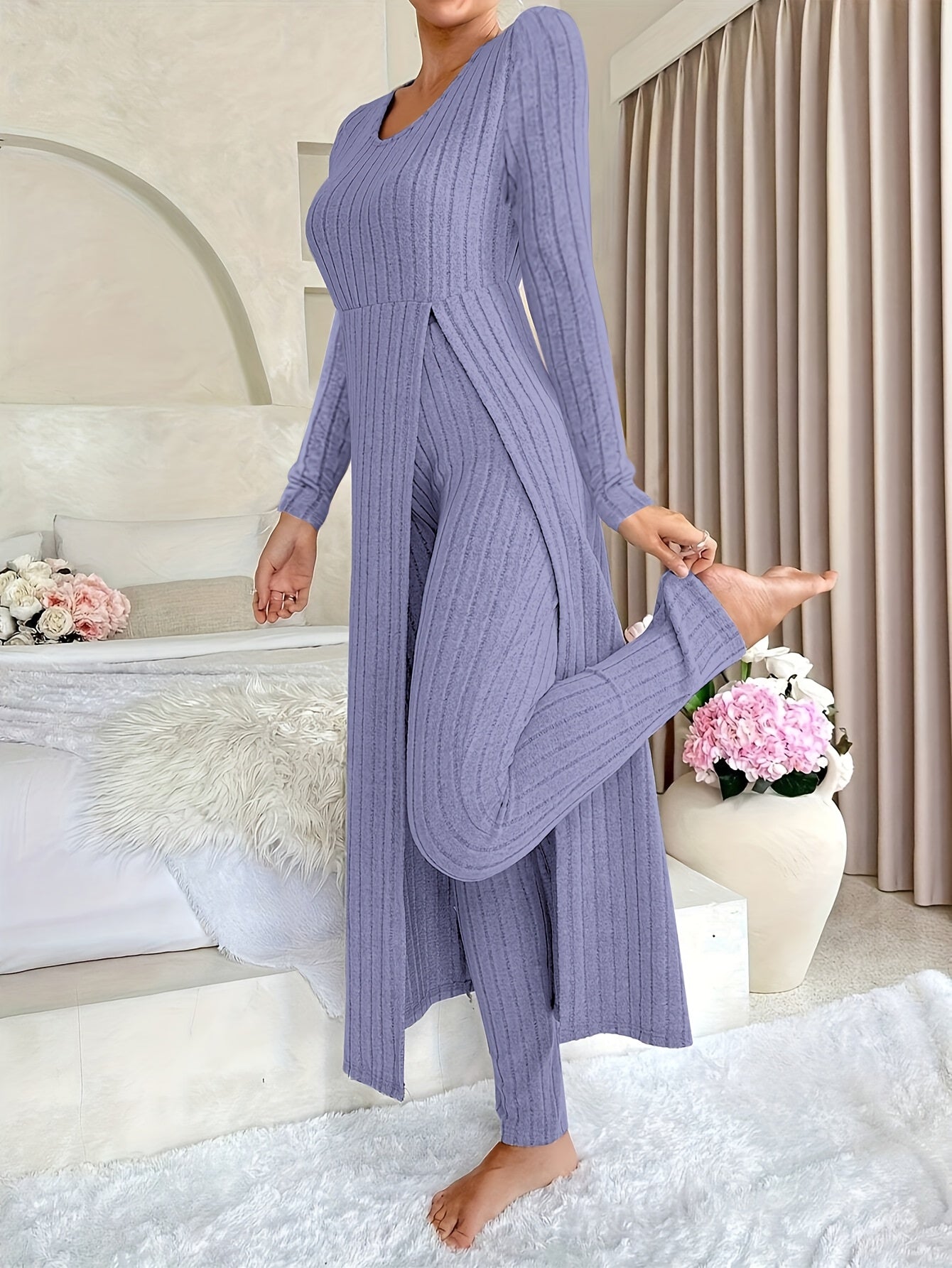 Women’s Lounge Set | Ribbed Long Sleeve | Comfortable Casual Wear | Stretch Fabric