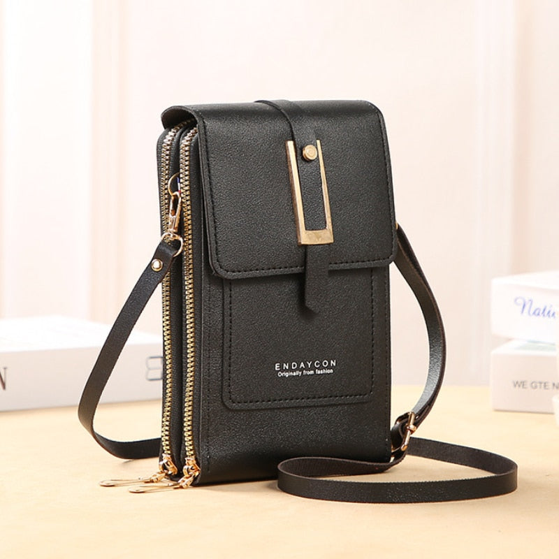 Women's Smartphone Clutch | Transparent Touchscreen Window | Leather-Look with Card Holder | Adjustable Crossbody Strap