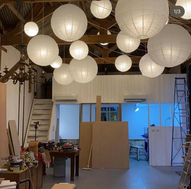 Paper Moon Hanging Lanterns Set – Mixed Sizes 4-14 Inch Round Rice Paper Lanterns with Battery Operated Cordless LED Lights, Warm & Cool White Options, 30-60 Pieces for Wedding & Outdoor Decor