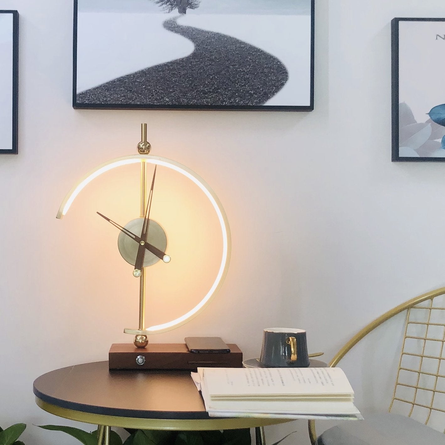 LED Desk Lamp | Wireless Charger & Analog Clock | Maple Wood Base | Energy-Efficient Lighting