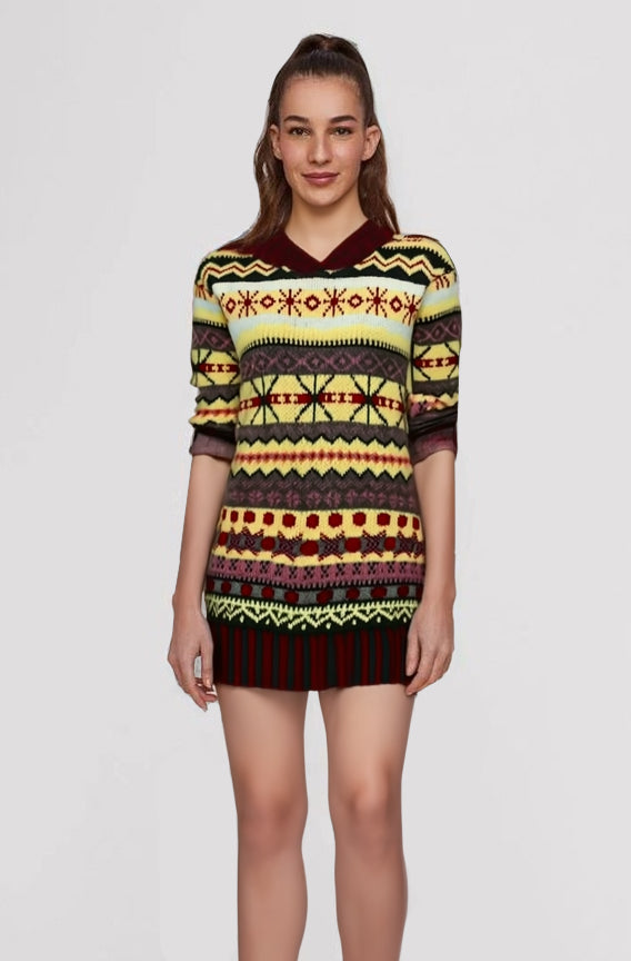 Women’s Nordic Knit Sweater Dress | Hooded Casual Fit | Long Sleeves | Winter Warmth