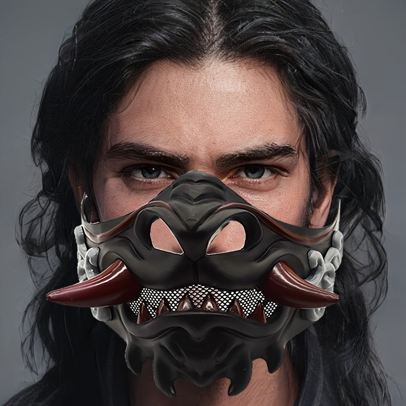 Ninja Demon Halloween Mask with Red Horns and Lightweight Plastic