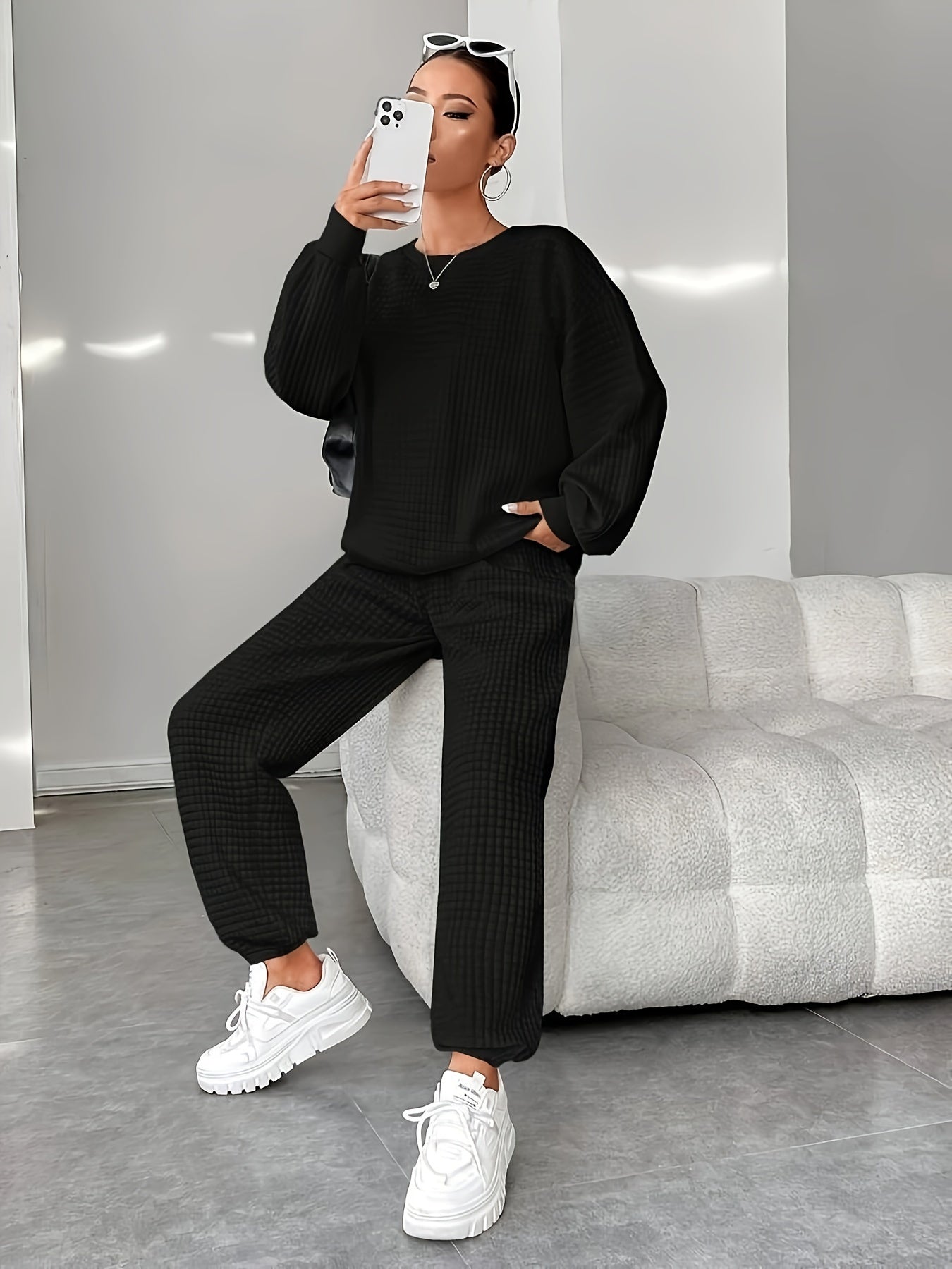 Waffle Knit Lounge Set | Relaxed Fit | Soft Stretch Comfort | Polyester