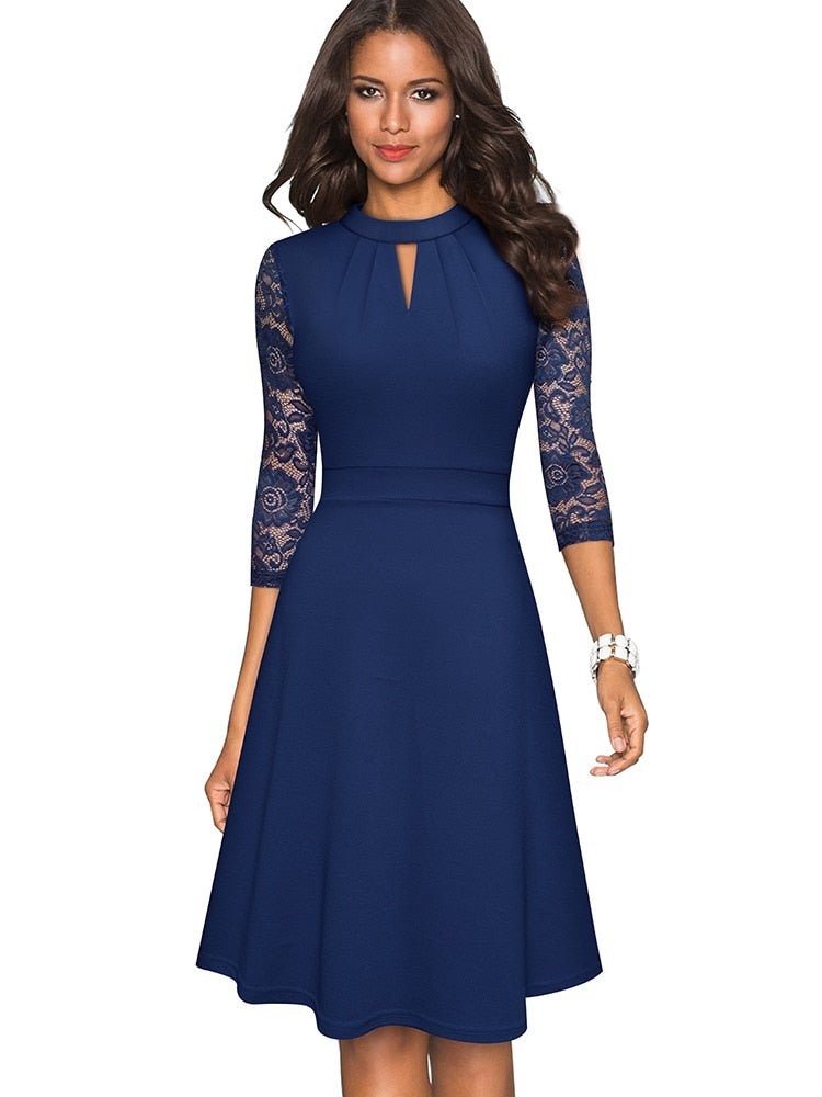 Women’s Lace Dress | Hollowed Design & Knee-Length Fit-and-Flare | Polyester | Comfortable Fit
