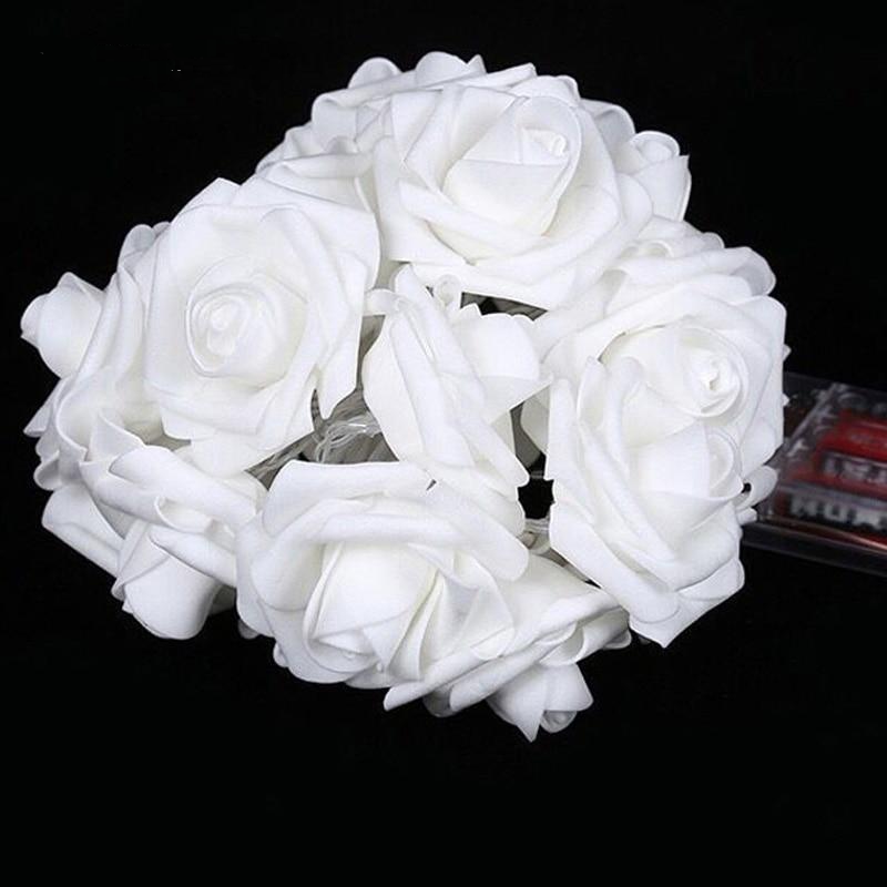 Warm White LED Rose String Lights - Battery Operated Flower Fairy Lights, 5-20ft, 10-40 LED Heads, White Foam or Frosted Roses, Romantic Indoor Decor