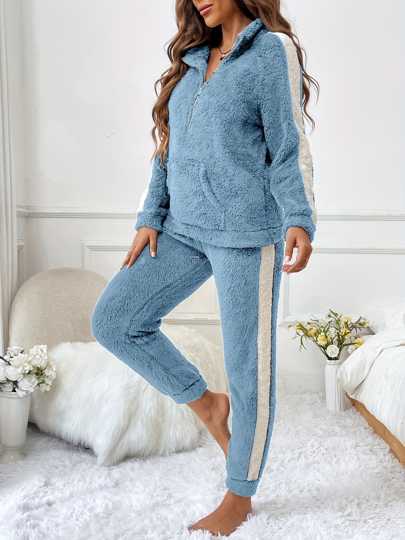 Plush Fleece Pajama Set | Half-Zip Collar | Cozy Winter Comfort | Polyester