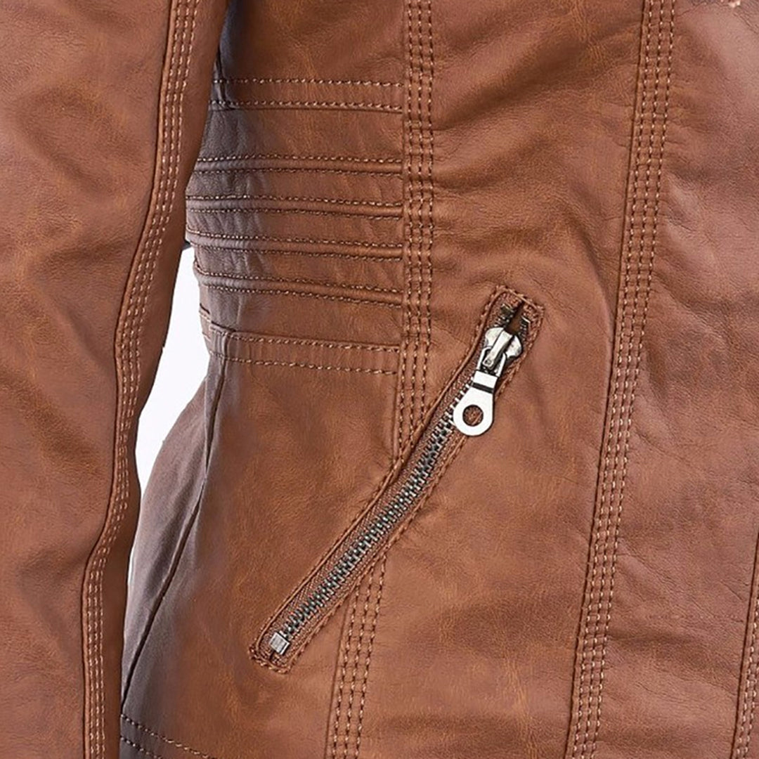 Women’s Weatherproof Leather Jacket | Detachable Hood & Zip Closure | Durable Polyester Fiber | Comfortable Fit