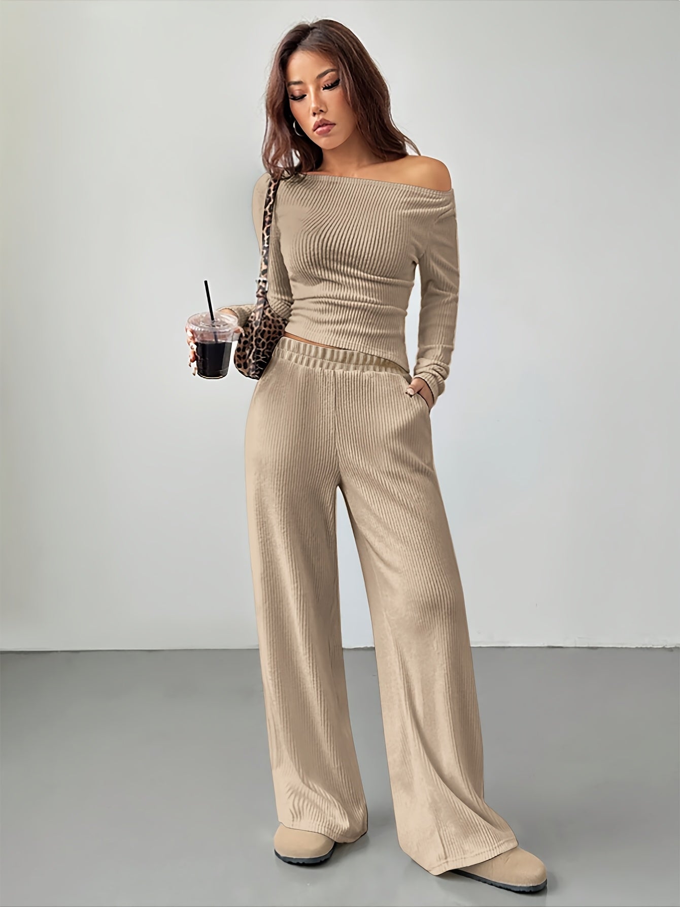 Two-Piece Knit Set | Long Sleeve Crop Top | Comfortable Everyday Wear | Polyester