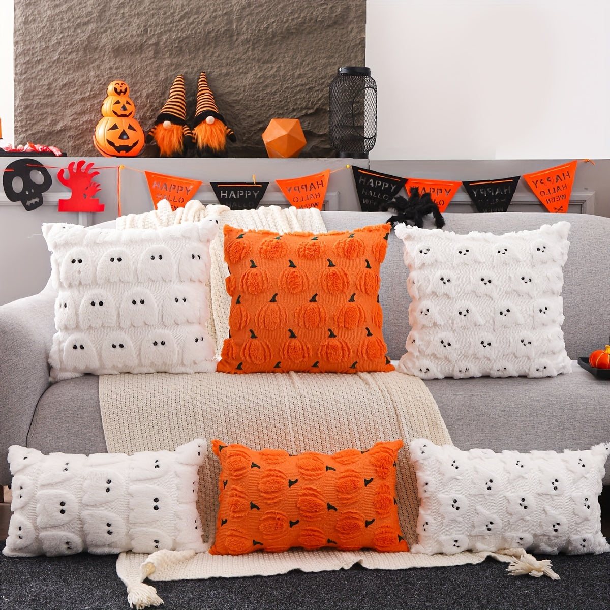 Halloween Embroidered Pumpkin & Ghost Decorative Pillowcase