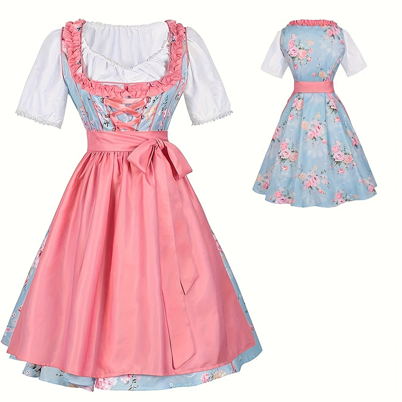 Women's Oktoberfest Dirndl Dress Floral Print with Satin Apron
